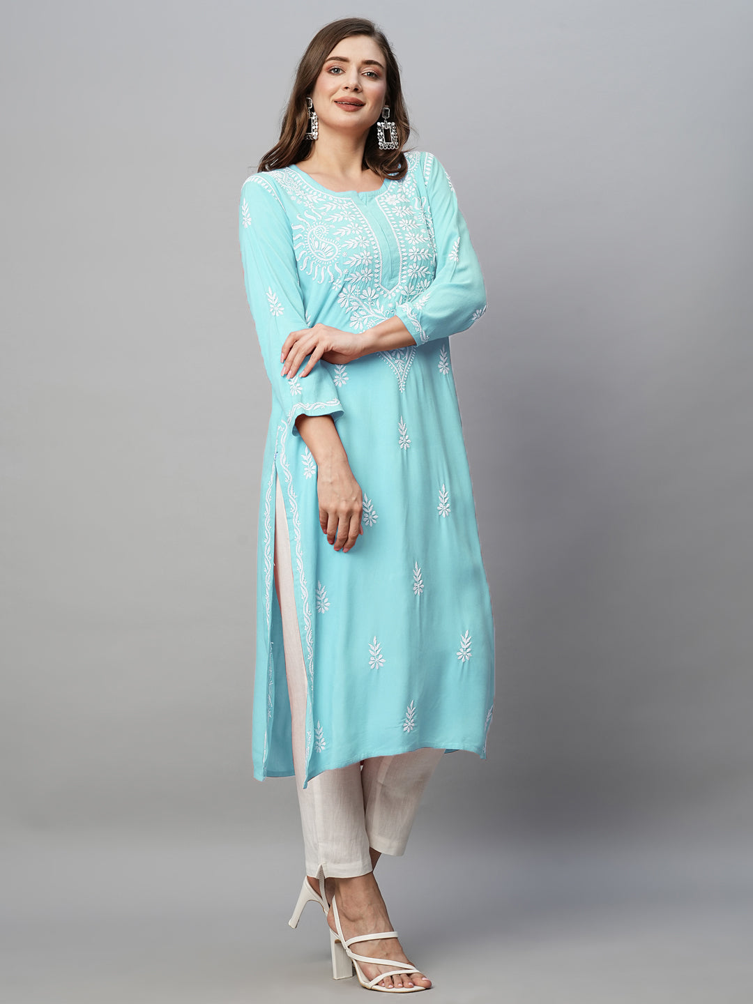 Sky Blue Rayon Chikankari Motif Straight Kurta