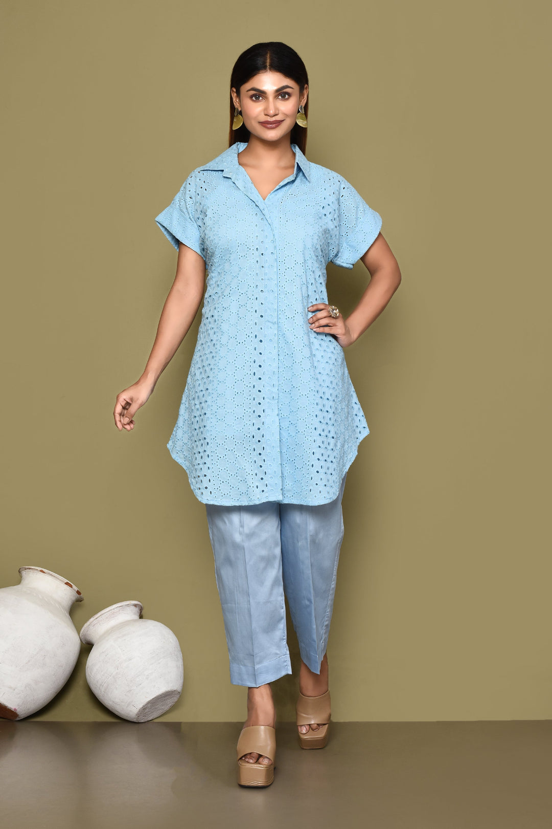 Sky Blue Schiffli Shirt And Pant Co-Ord Set With Slip