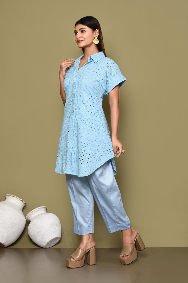 Sky Blue Schiffli Shirt And Pant Co-Ord Set With Slip