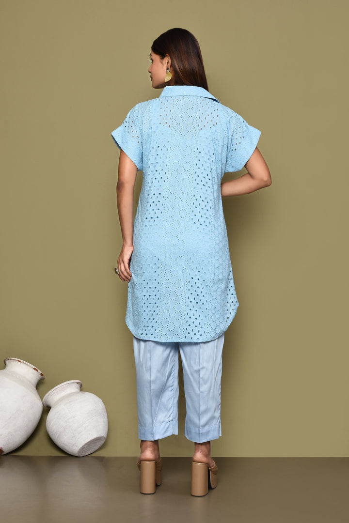 Sky Blue Schiffli Shirt And Pant Co-Ord Set With Slip