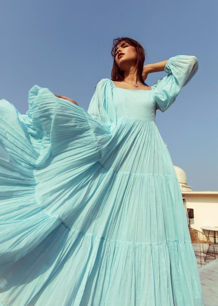Sky Blue Solid Mulmul Tiered Midi Dress