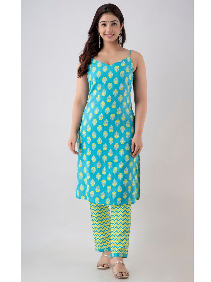 Sky Blue & Green Rayon Sleeveless Kurta Set