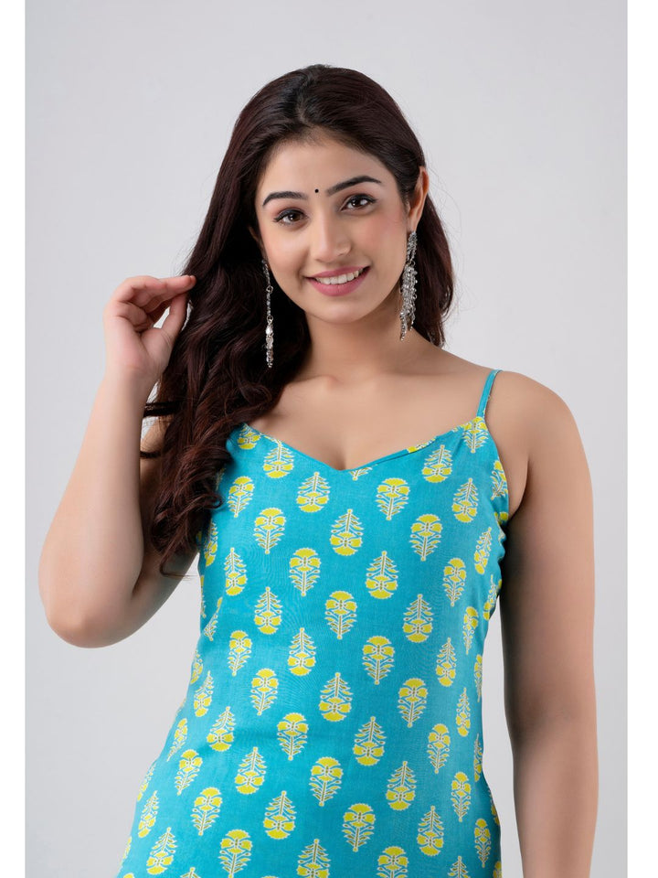 Sky Blue & Green Rayon Sleeveless Kurta Set