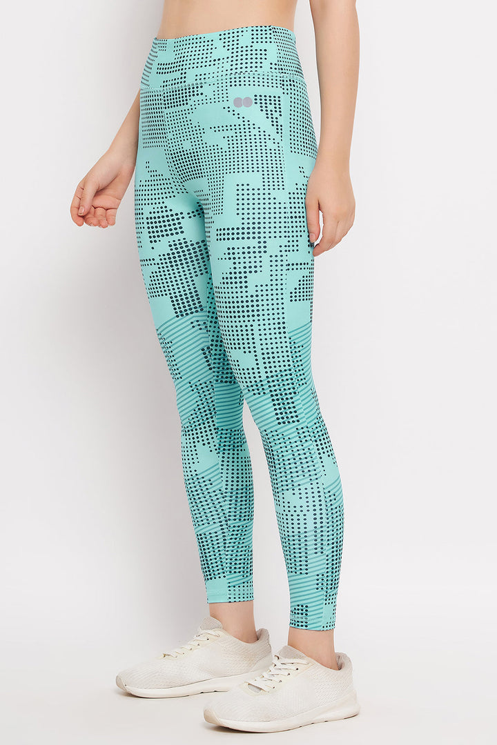 Sky Blue High-Rise Printed Active Tights with Side Pocket
