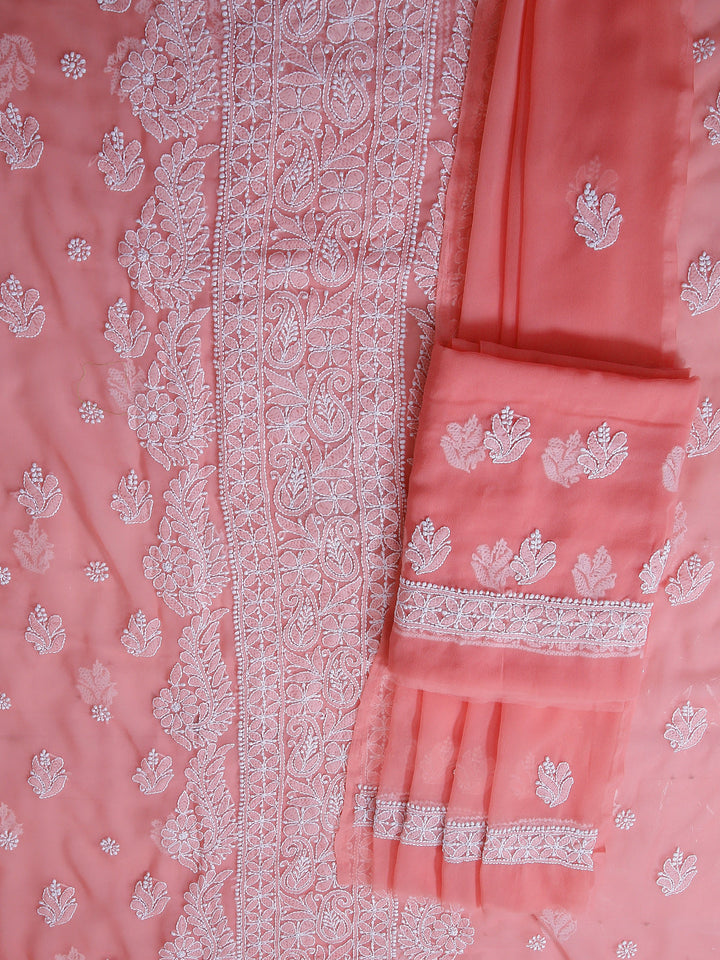 Peach Chikankari Unstitched Dress Material