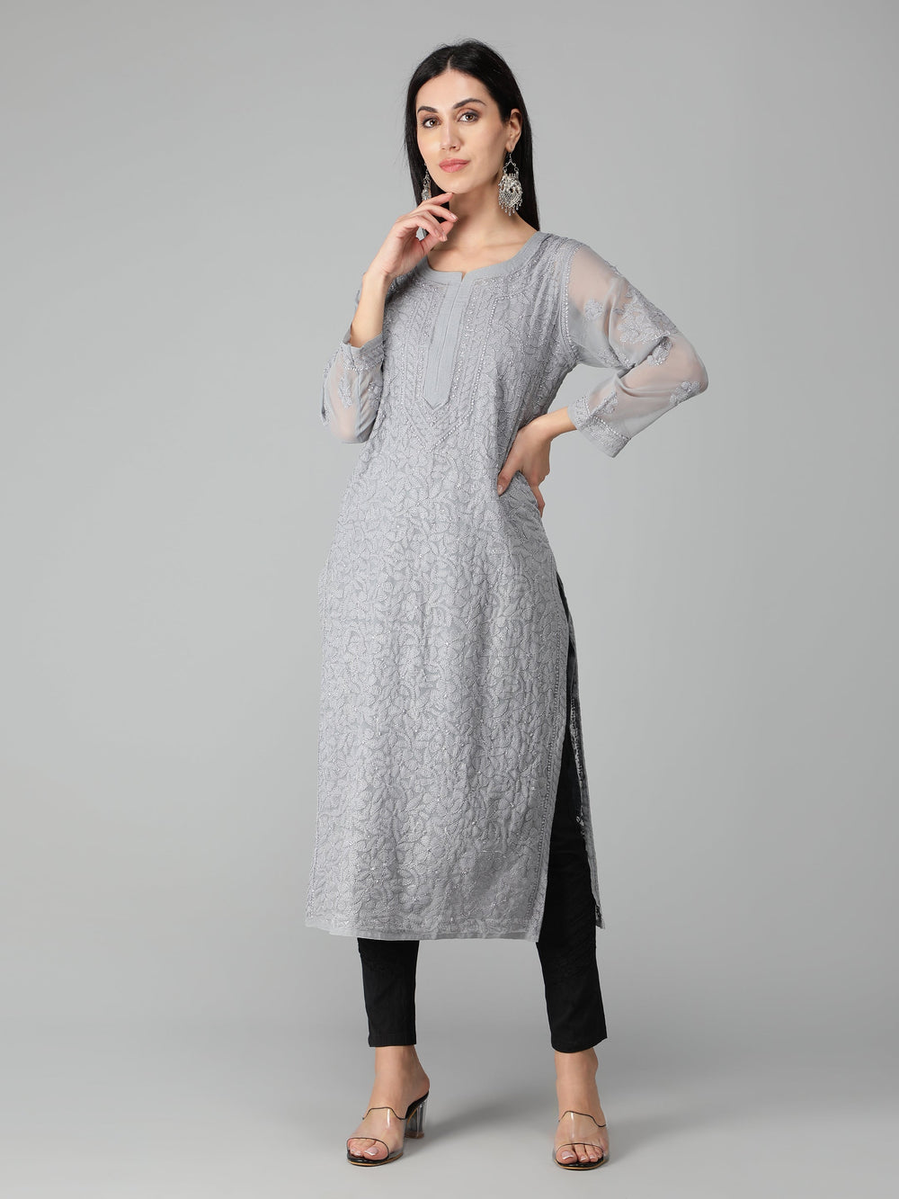 Spanish-Grey-Georgette-Chikan-Kurta-with-Slip