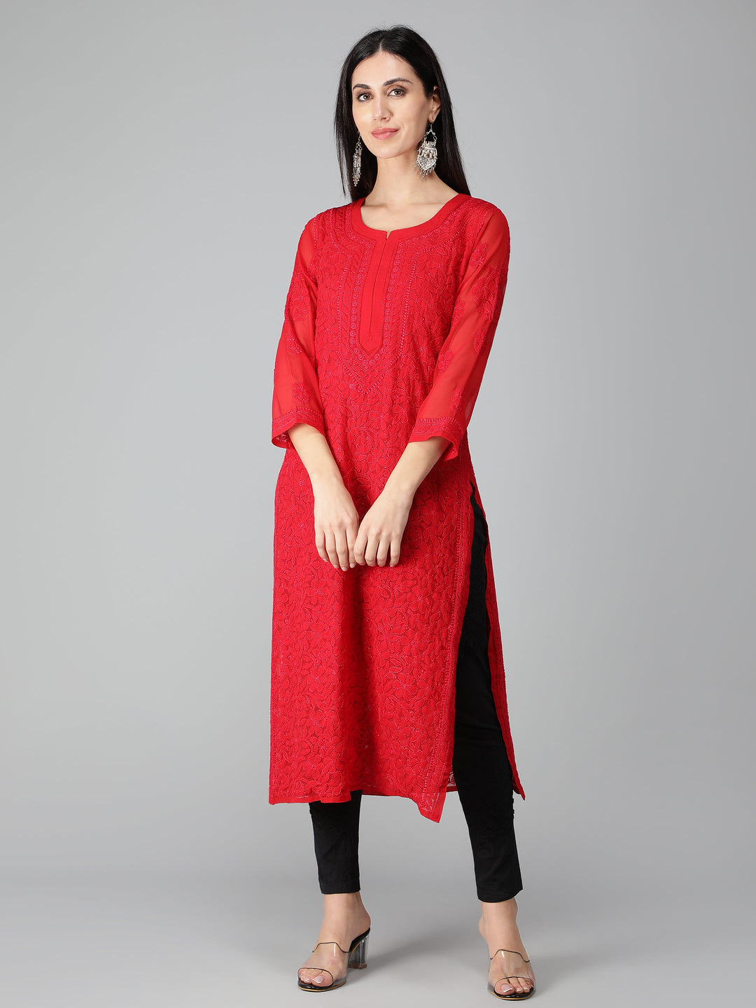 Spanish-Red-Georgette-Chikan-Kurta-with-Slip