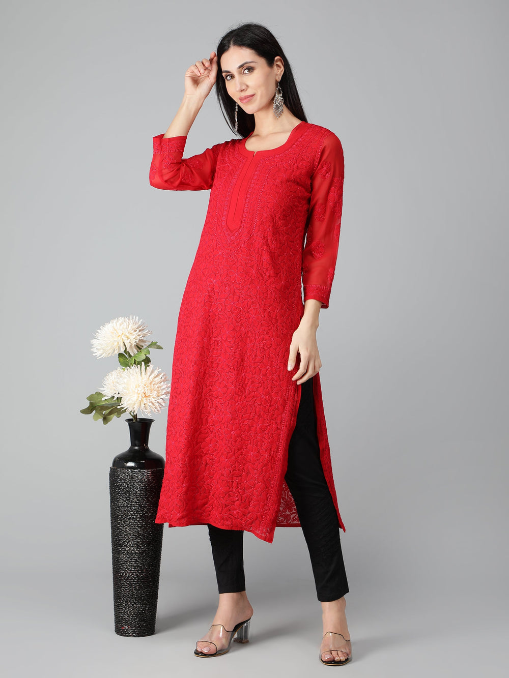 Spanish-Red-Georgette-Chikan-Kurta-with-Slip