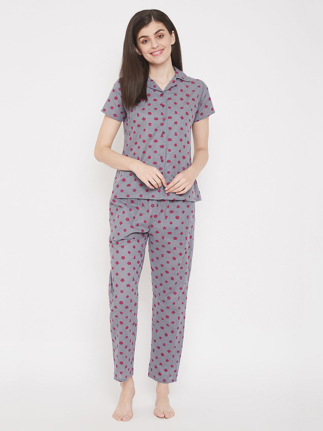 Star-Print-Shirt-&-Pyjama-Set-In-Dark-Grey