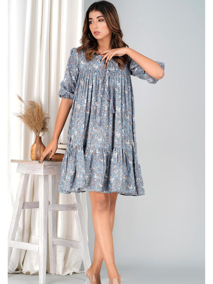 Steel Grey Cotton Mini Tier Dress