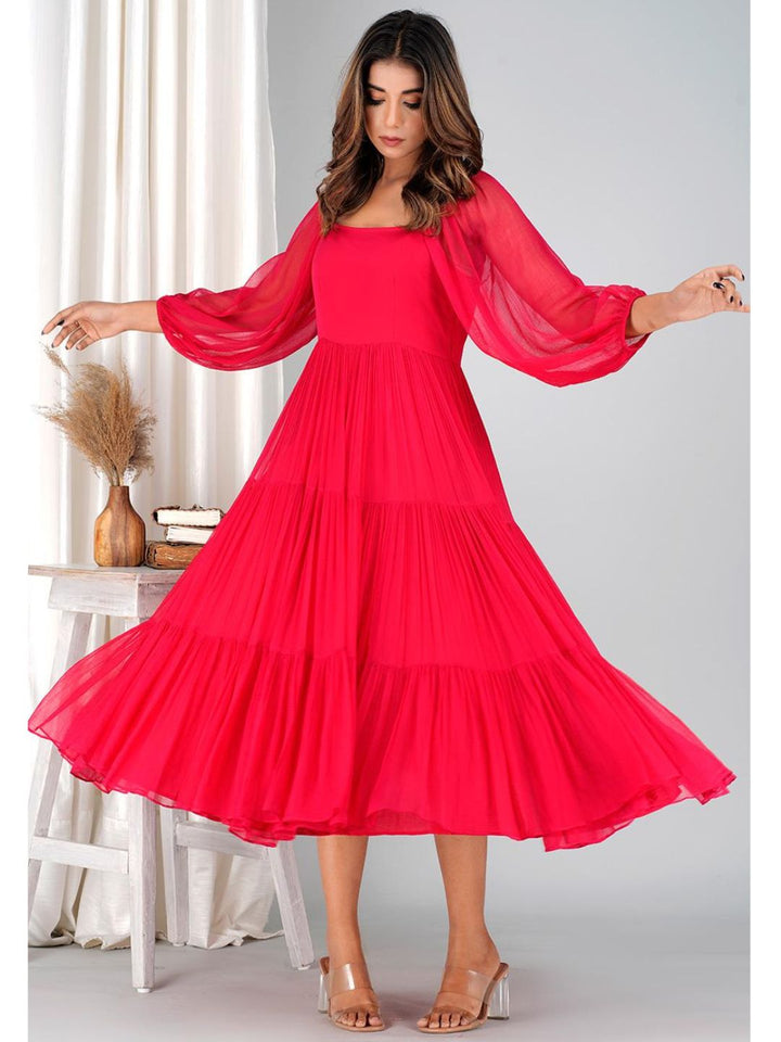 Strawberry Pink Chiffon Long Tiered Dress