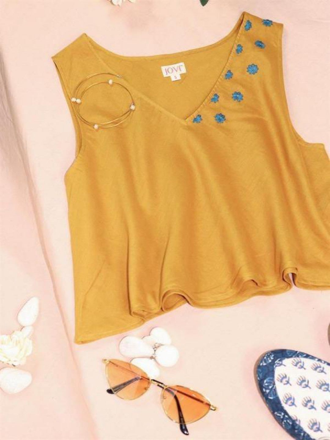 Summer-V-Neck-Embroidered-Tops-In-Yellow