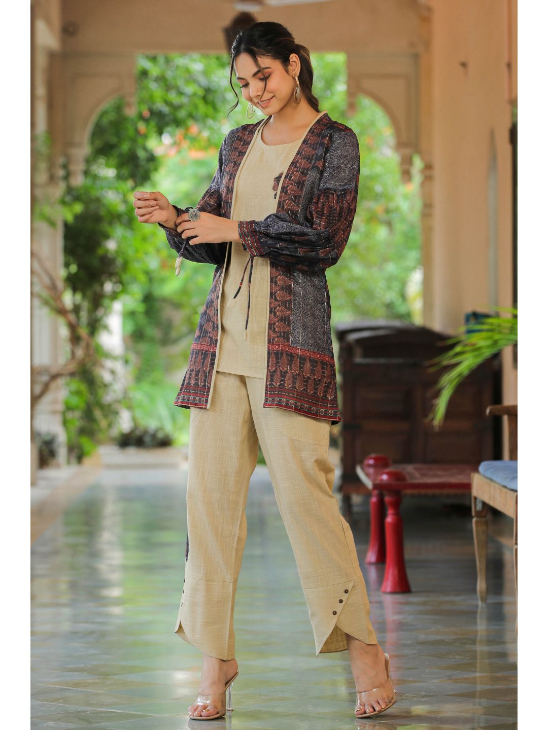 Swara Beige & Brown Cotton Printed Co-Ord Set