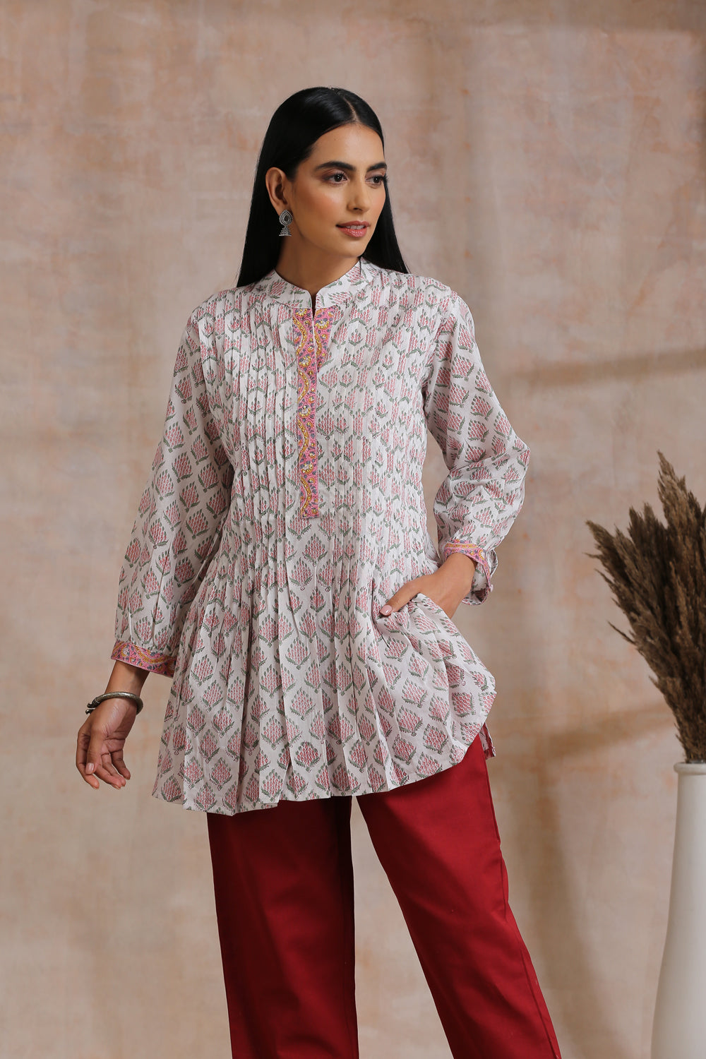 White Cotton Printed & Pleated Tunic Top