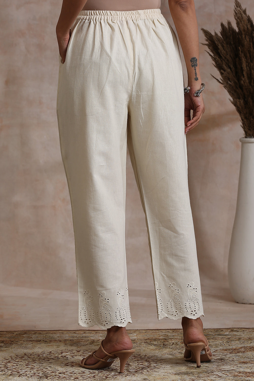 Cream Shiffli Straight Farsi Pants