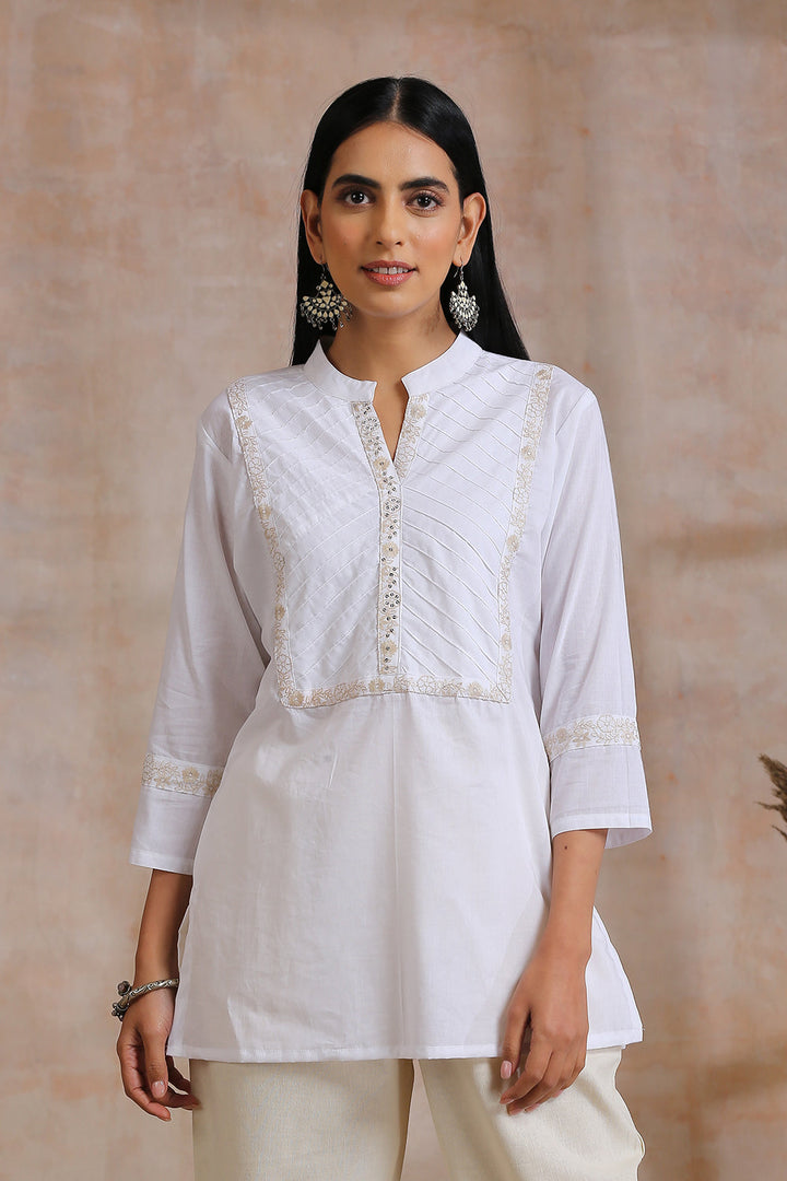 Cloudy White Embroidered Pintuck Tunic Top