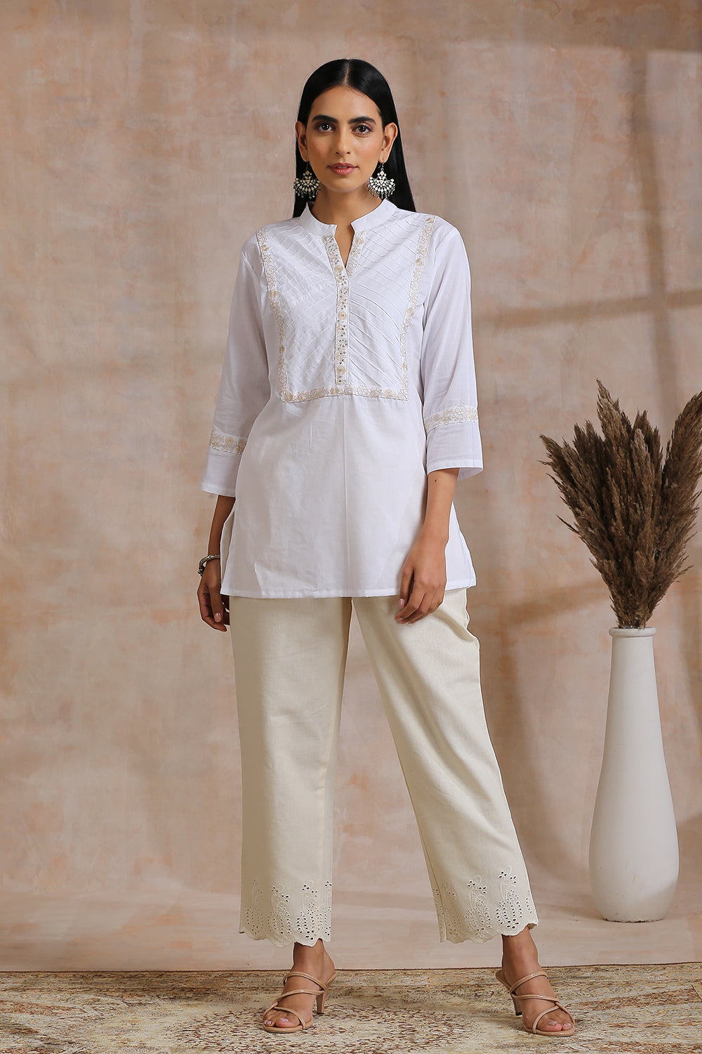 Cloudy White Embroidered Pintuck Tunic Top