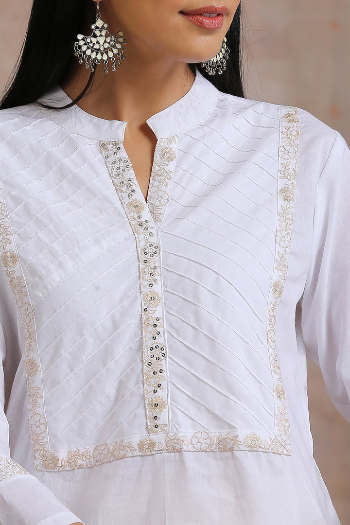 Cloudy White Embroidered Pintuck Tunic Top