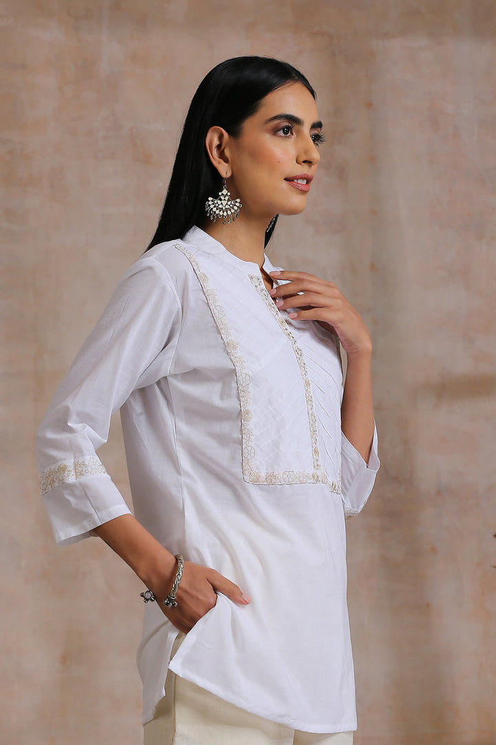 Cloudy White Embroidered Pintuck Tunic Top