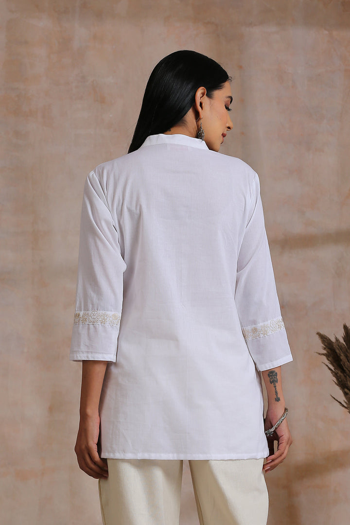 Cloudy White Embroidered Pintuck Tunic Top