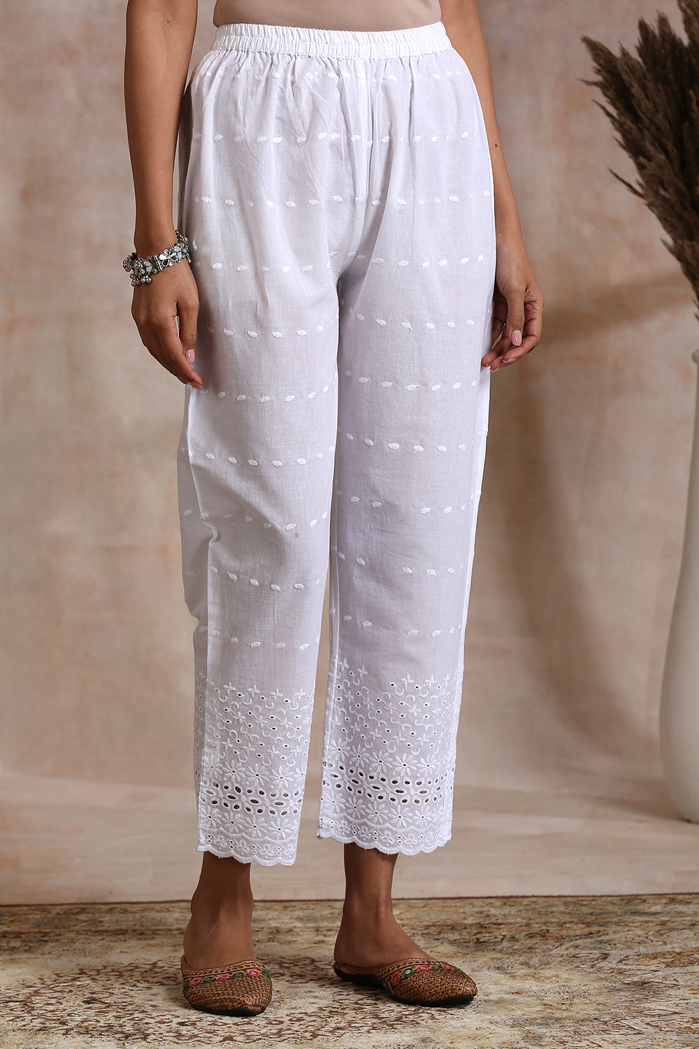 White Shiffli Farsi Pants with Dobby Woven Dots