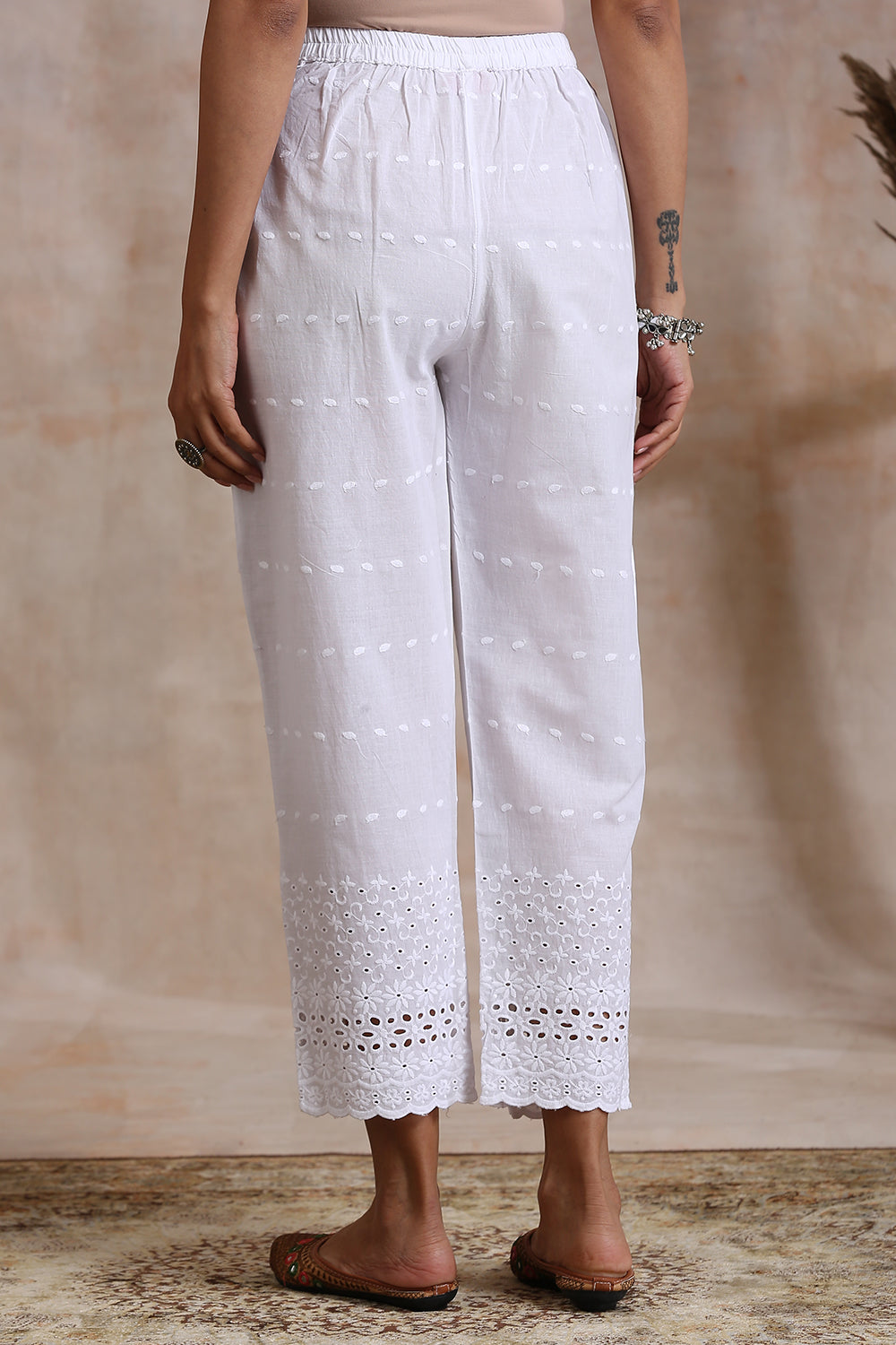 White Shiffli Farsi Pants with Dobby Woven Dots