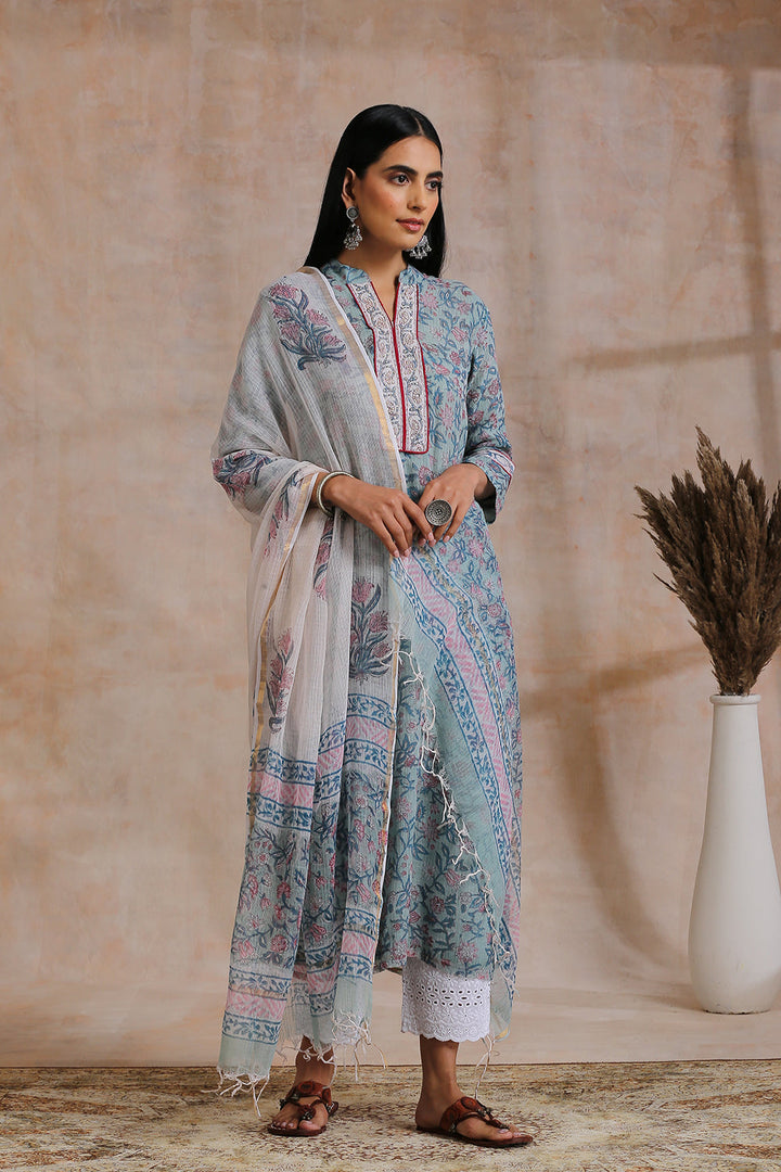 Cloudy Blue Hand Block Printed Kota Doria Dupatta