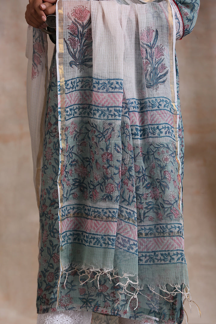 Cloudy Blue Hand Block Printed Kota Doria Dupatta