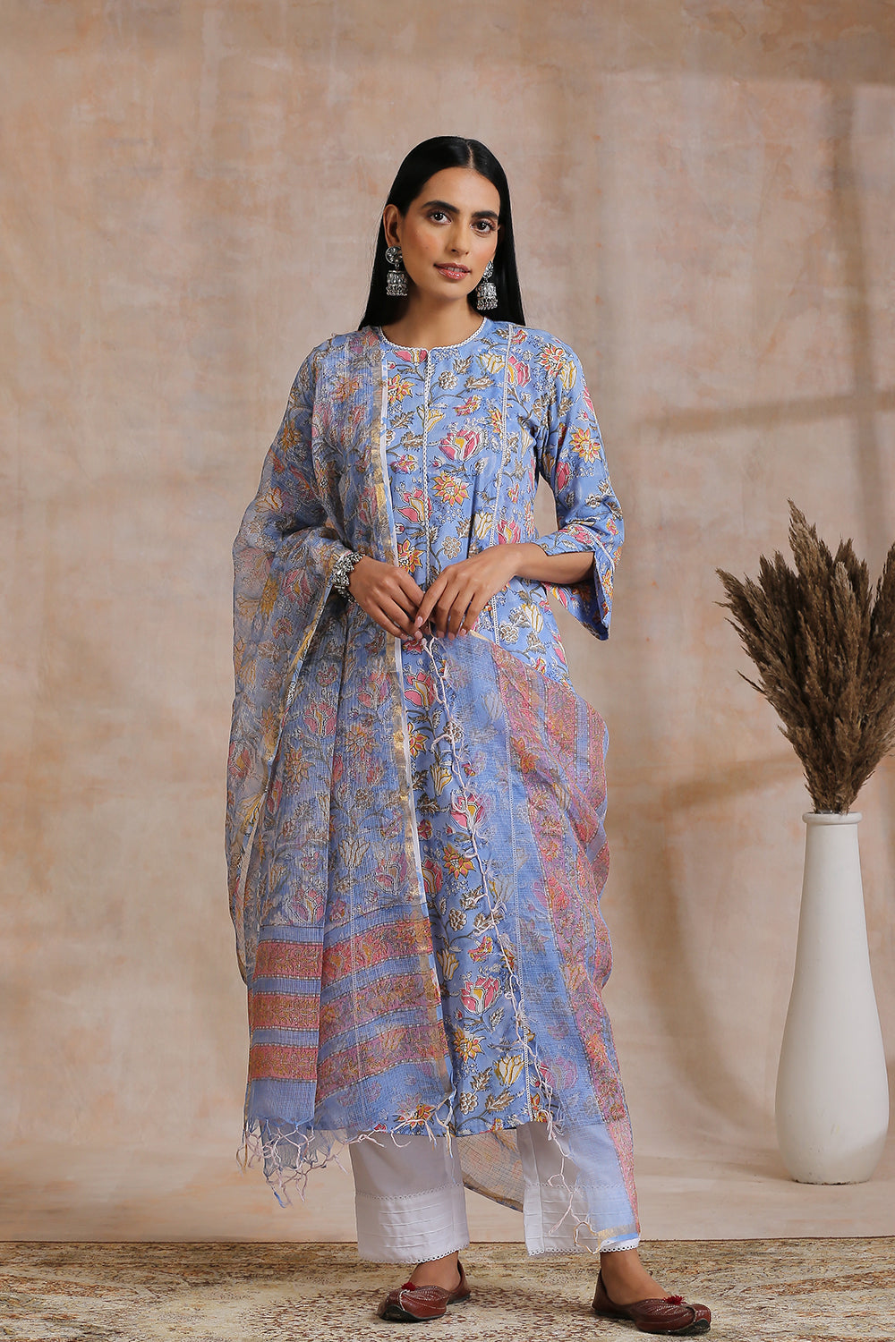 Cornflower Blue Hand Block Print Kota Doria Dupatta