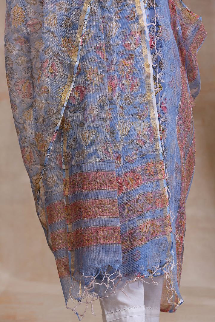 Cornflower Blue Hand Block Print Kota Doria Dupatta