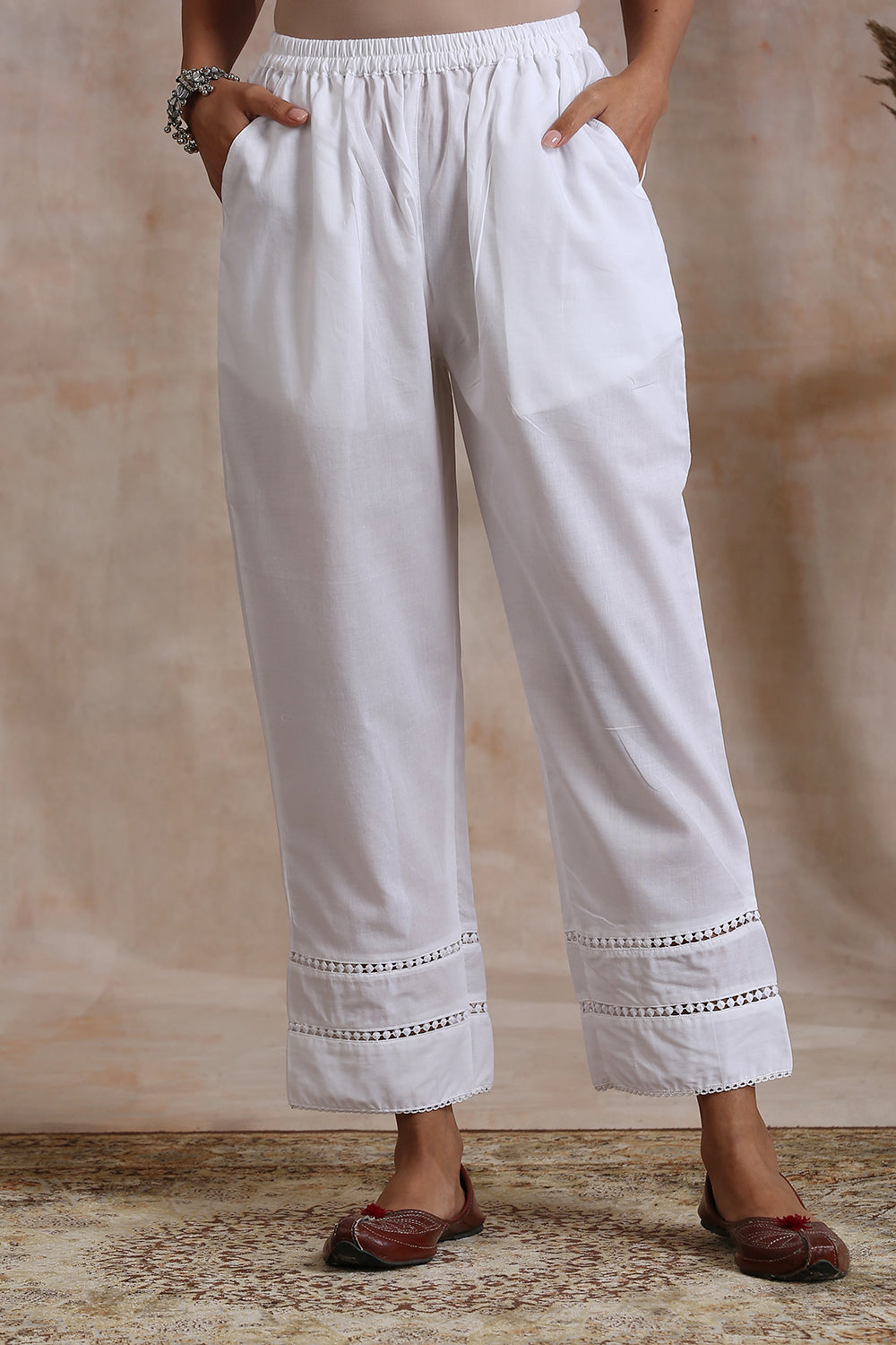 White Cotton Creative Fit Schiffli Farsi Pants
