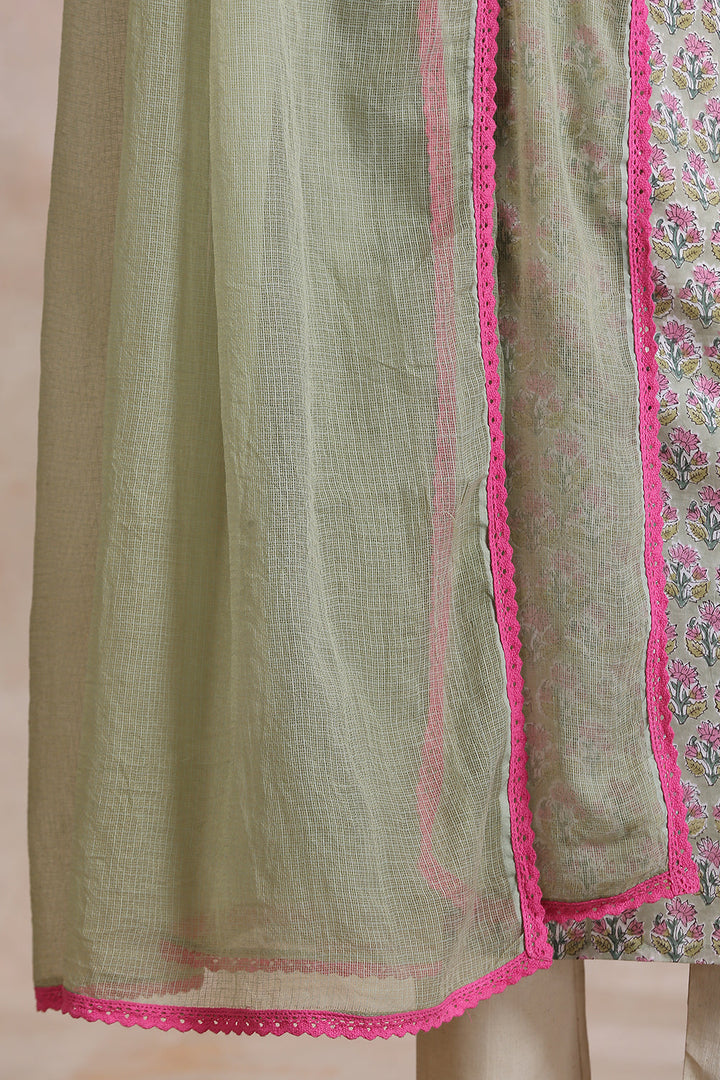 Olive Plain Kota Doria Dupatta with Pink Lace