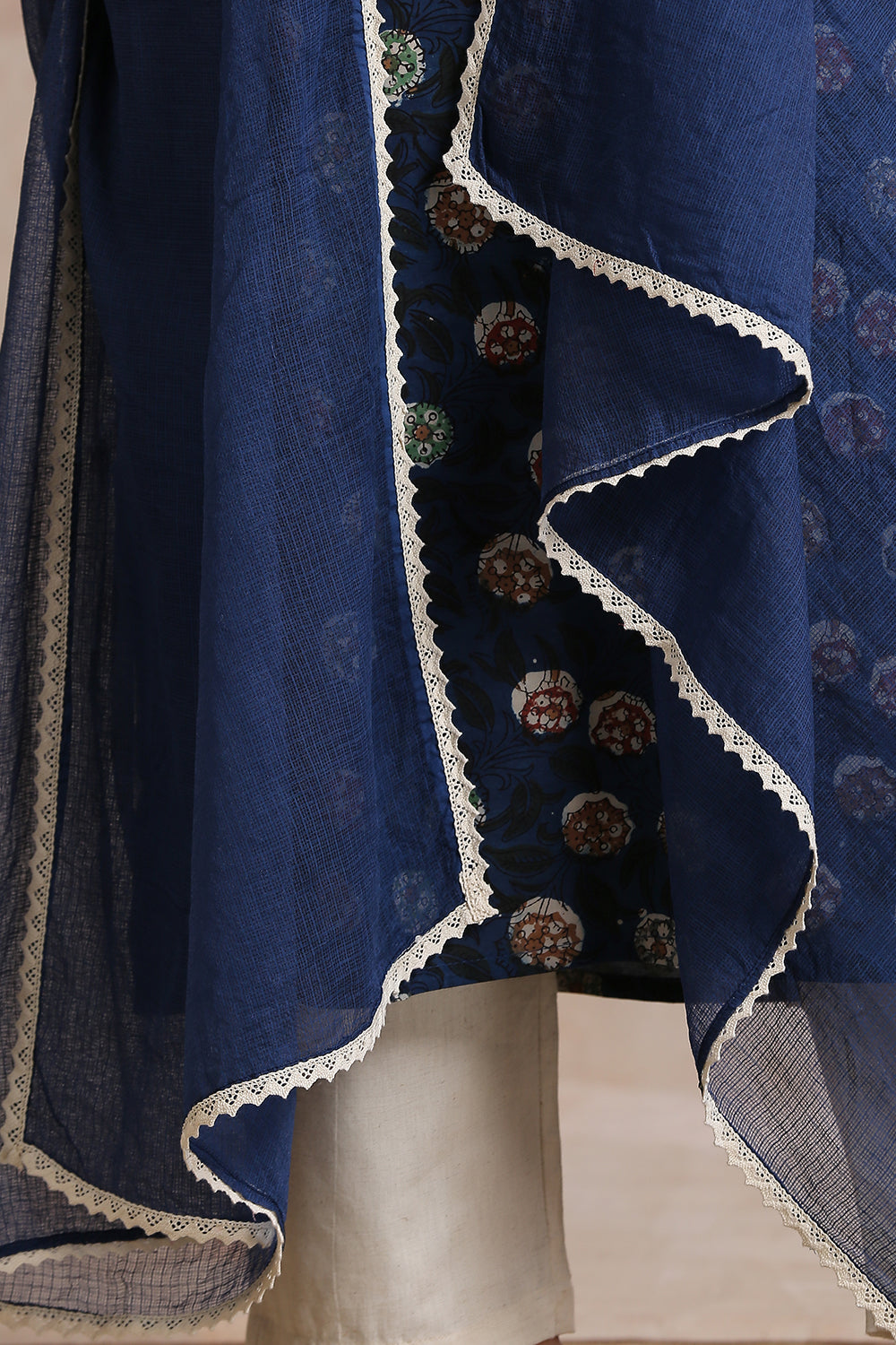 Navy Blue Plain Kota Doria Dupatta with Laces