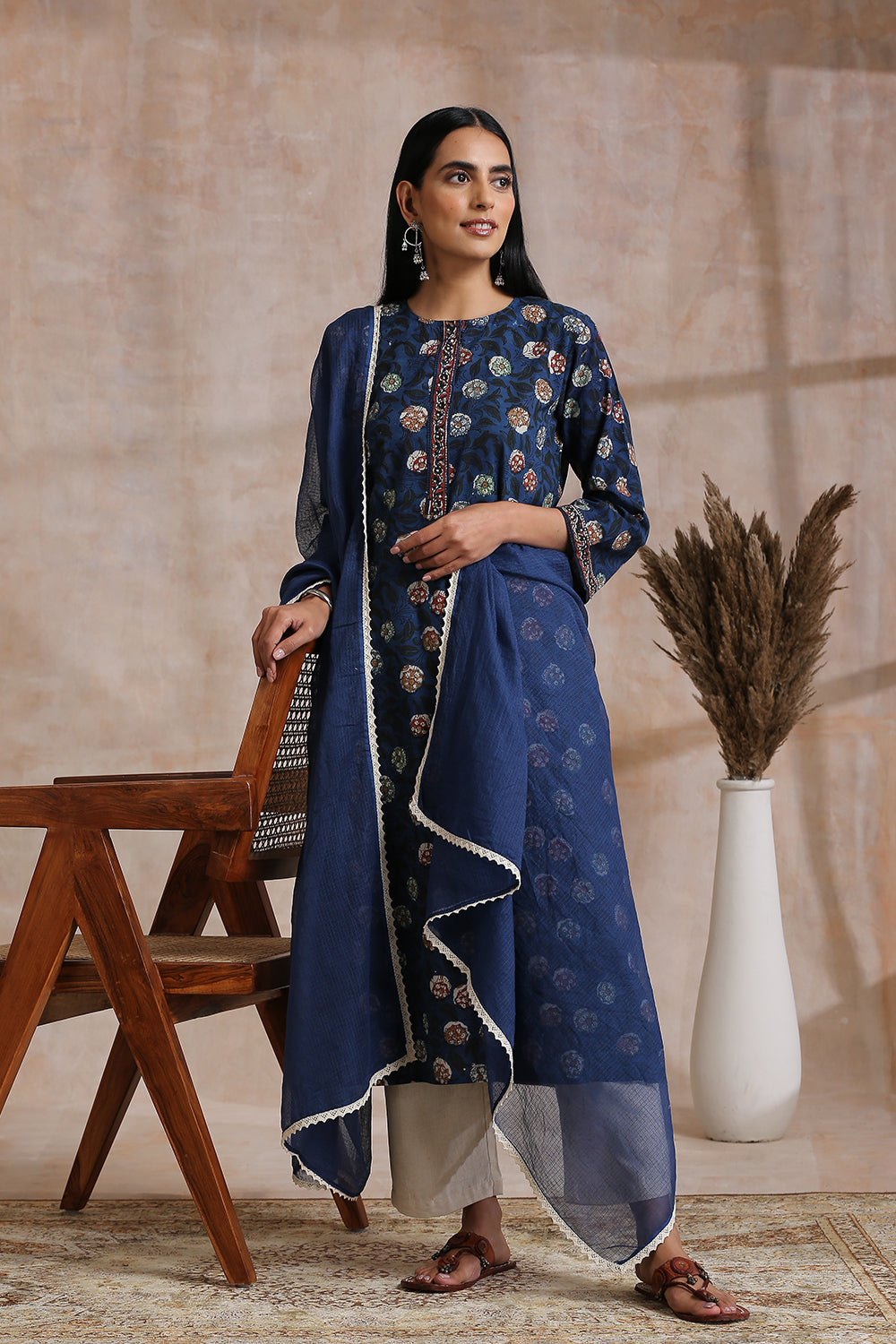 Navy Blue Plain Kota Doria Dupatta with Laces