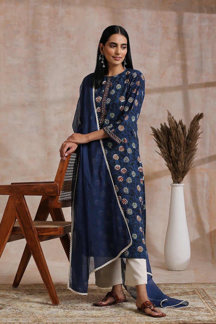 Navy Blue Plain Kota Doria Dupatta with Laces