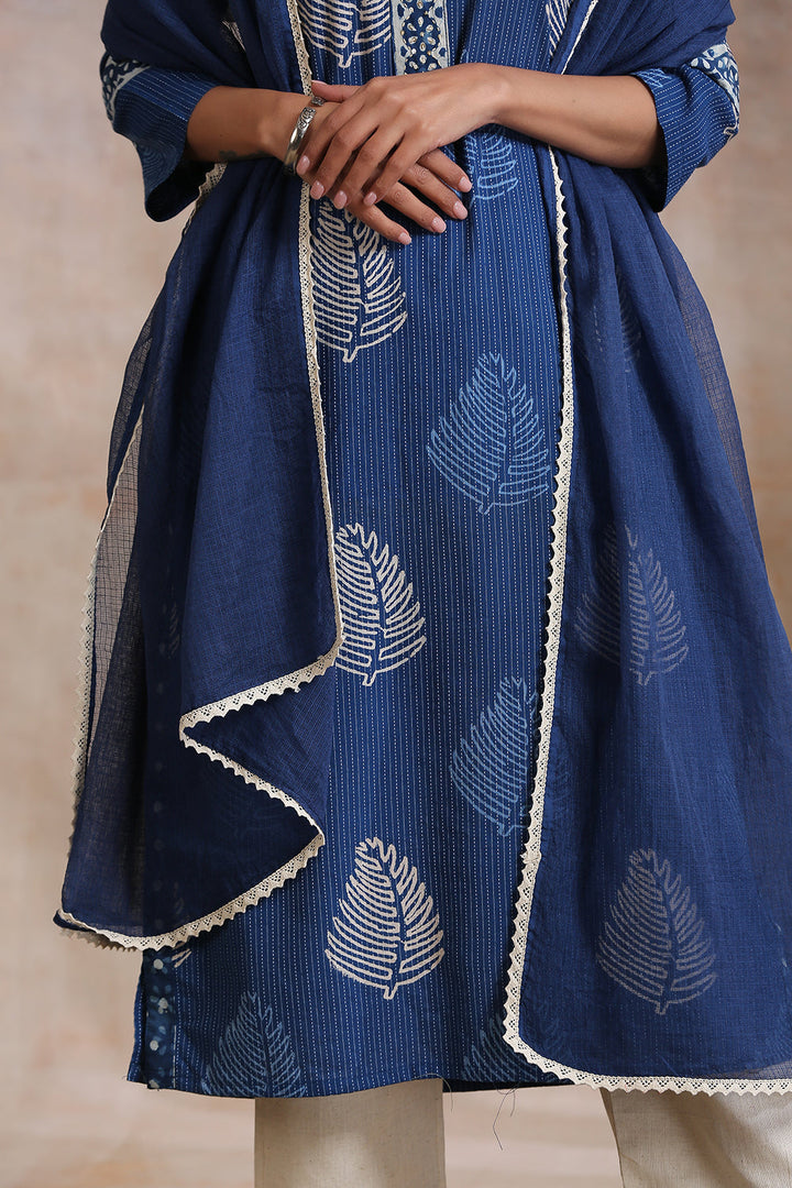 Navy Blue Plain Kota Doria Dupatta with Laces