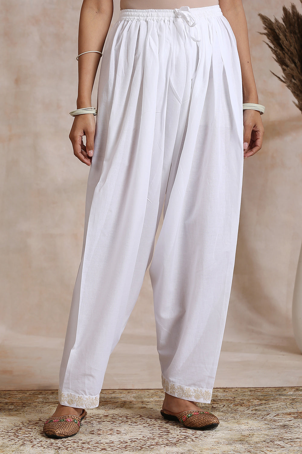 White Salwar Pants with Golden Embroidered Cuffs