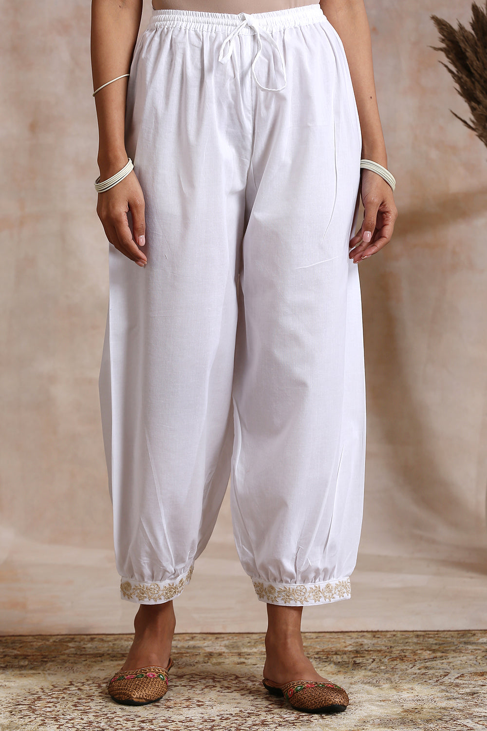 White Izhaar Pants with Golden Embroidered Cuffs