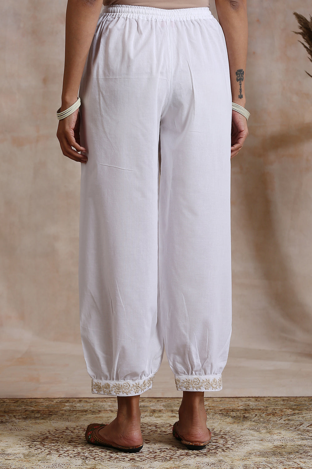 White Izhaar Pants with Golden Embroidered Cuffs