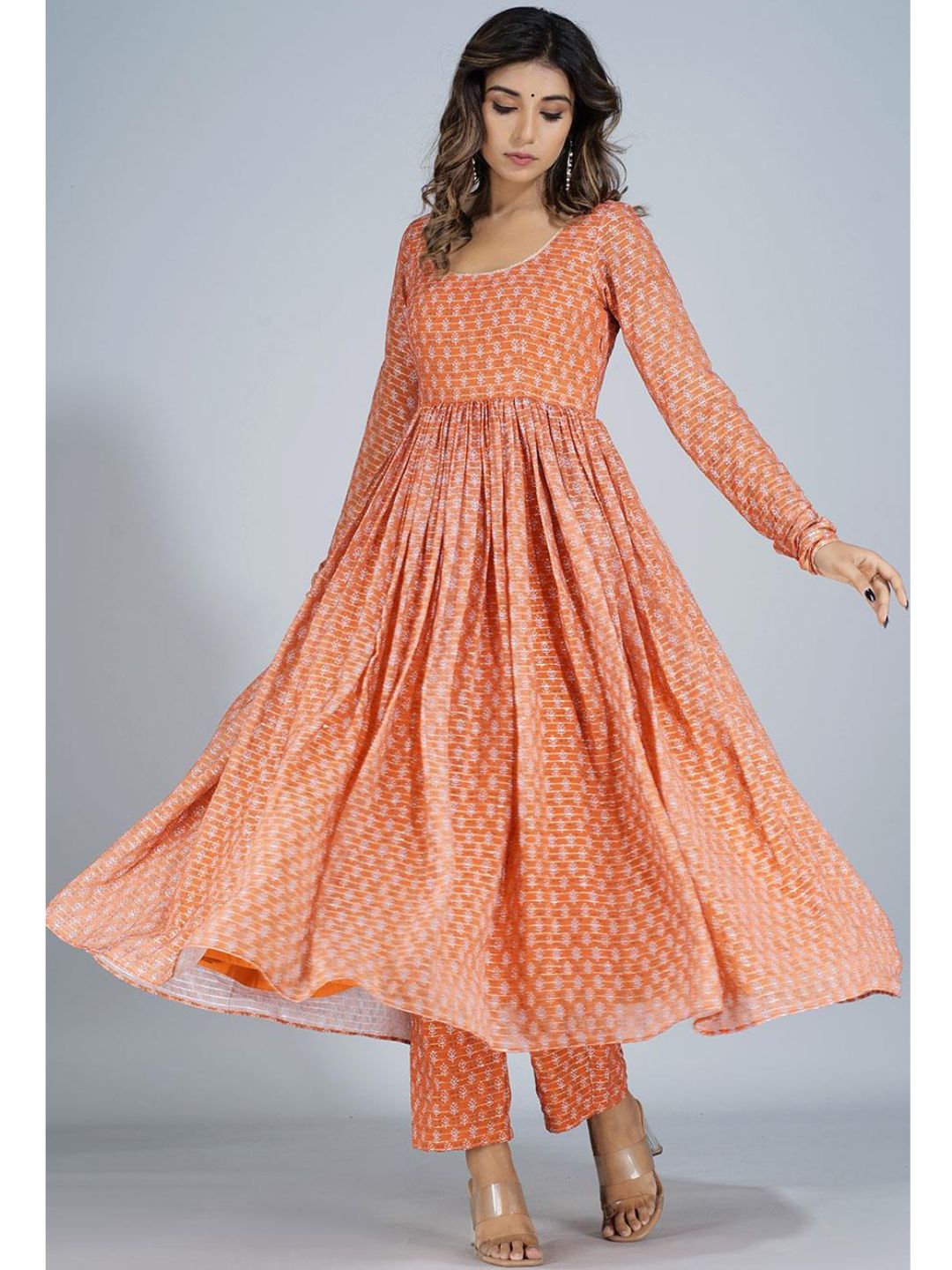 Tangerine Chhapai Gathered Anarkali Kurta Only