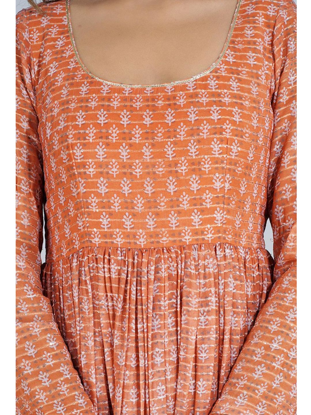 Tangerine Chhapai Gathered Anarkali Kurta Only