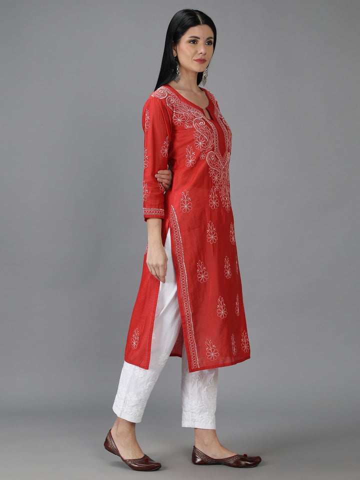 Tart-Red-Chanderi-Kurta-in-White-Threadwork