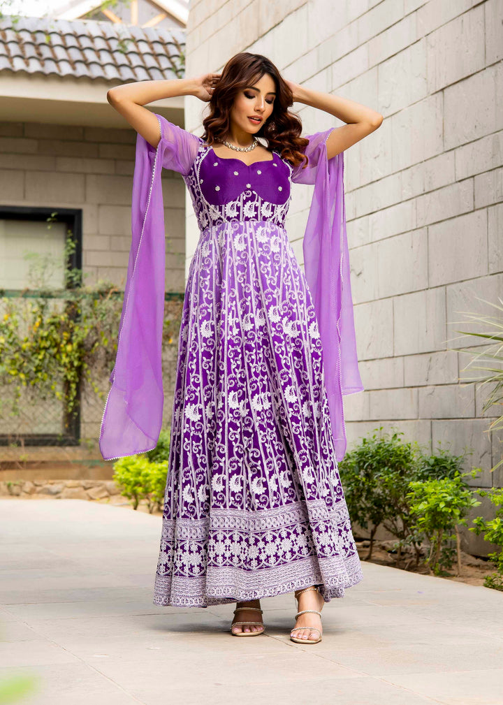 Tashi Purple Georgette Embroidered Maxi Dress