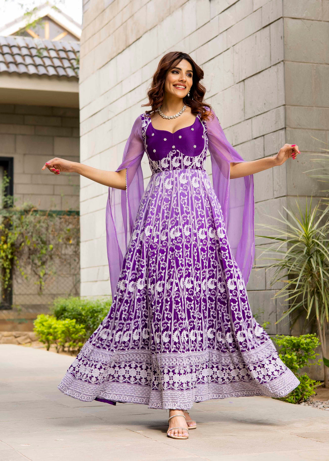 Tashi Purple Georgette Embroidered Maxi Dress