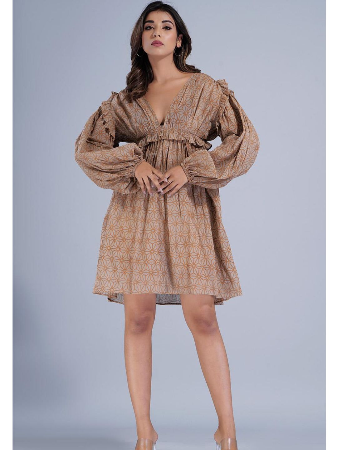 Taupe Abstract Print Full Sleeve Short Dress