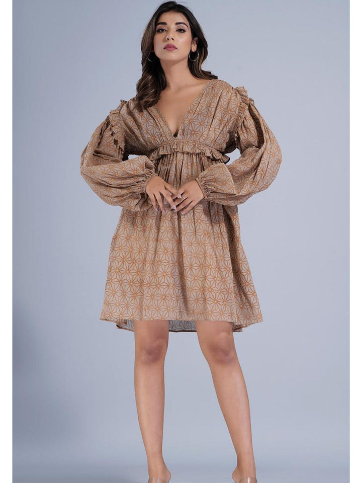 Taupe Abstract Print Full Sleeve Short Dress