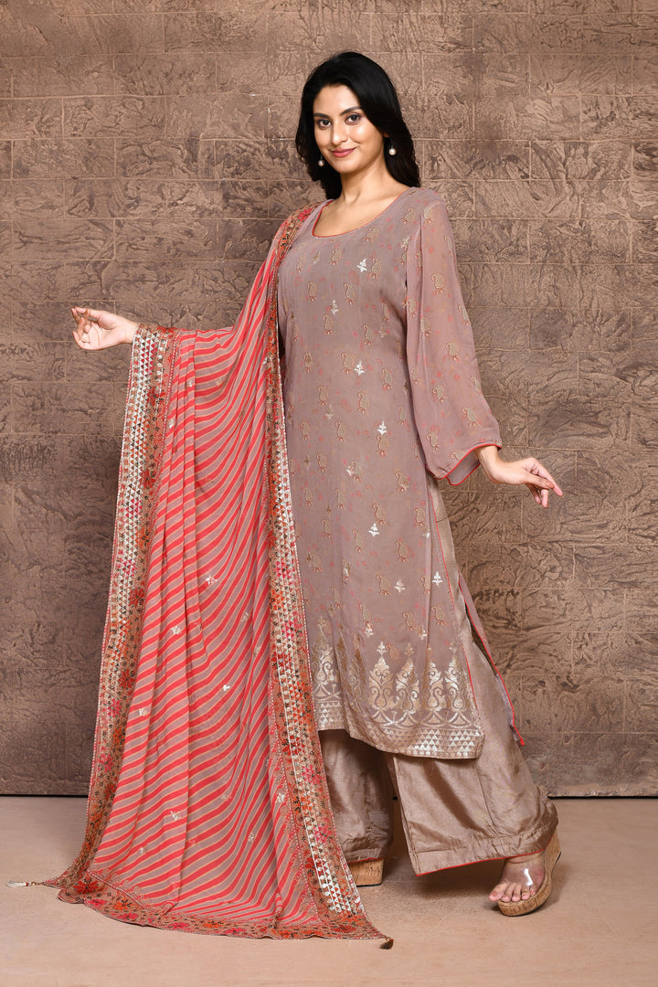 Taupe Georgette Kurta Set with Red Leheriya Dupatta