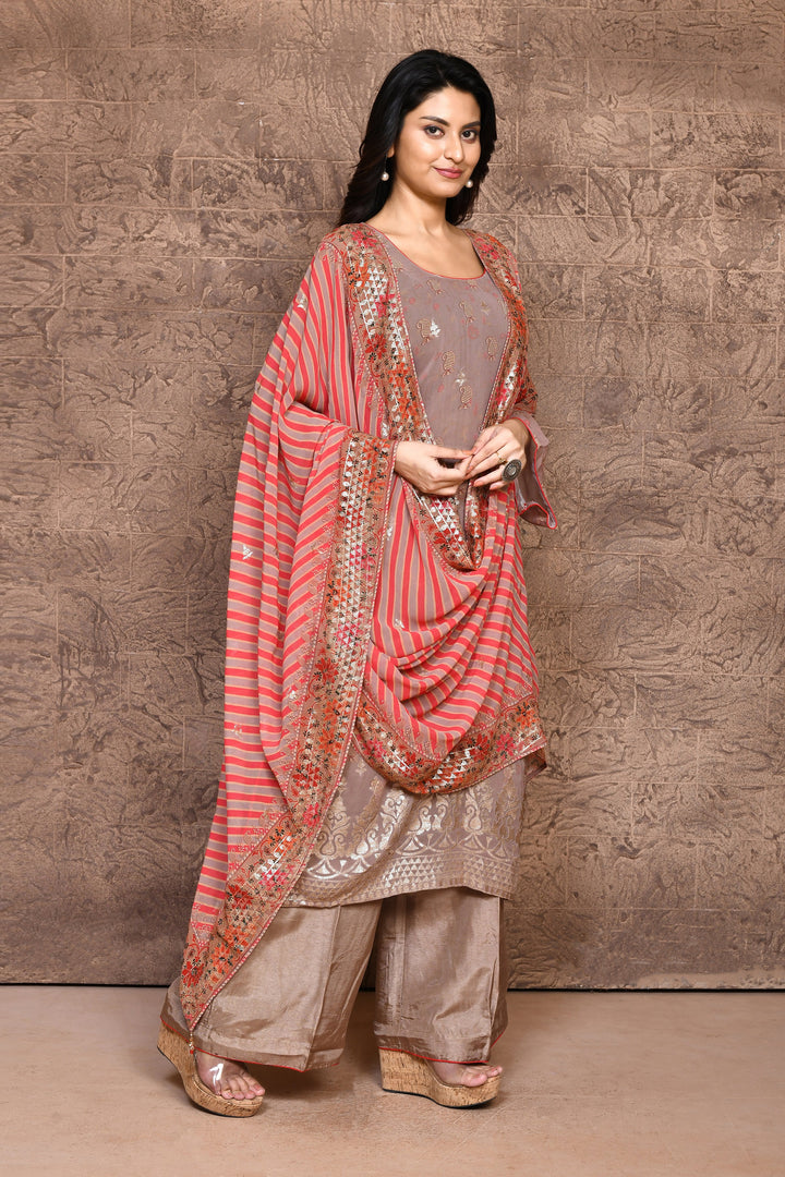 Taupe Georgette Kurta Set with Red Leheriya Dupatta