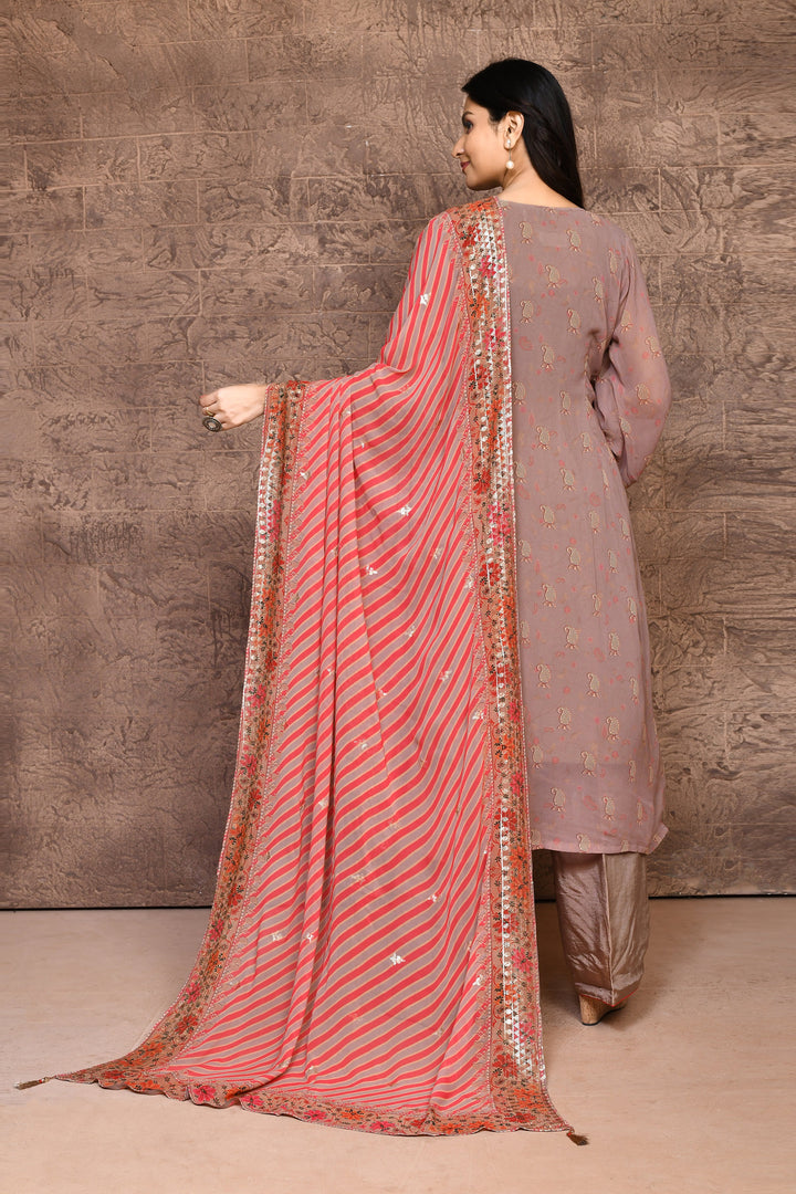 Taupe Georgette Kurta Set with Red Leheriya Dupatta