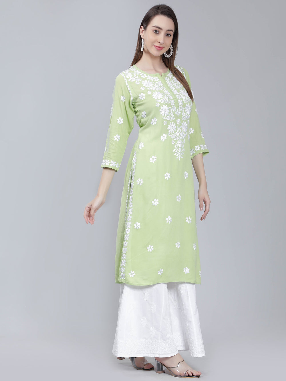 Tea-Green-Cotton-Kurta-with-White-Chikan-Work